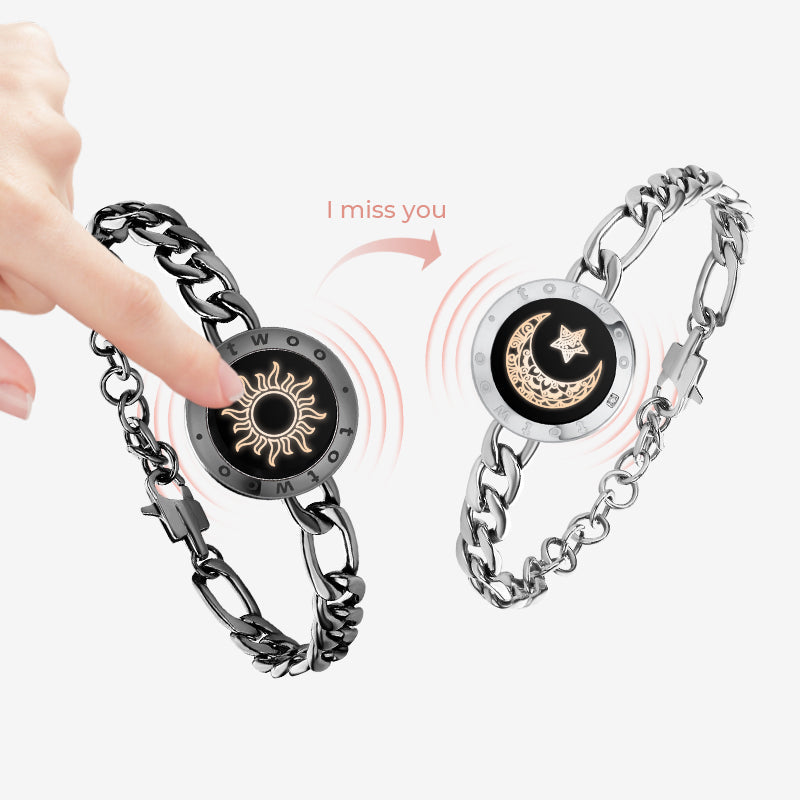 Sun & Moon Touch Bracelets with Figaro Chain (Black+Silver)